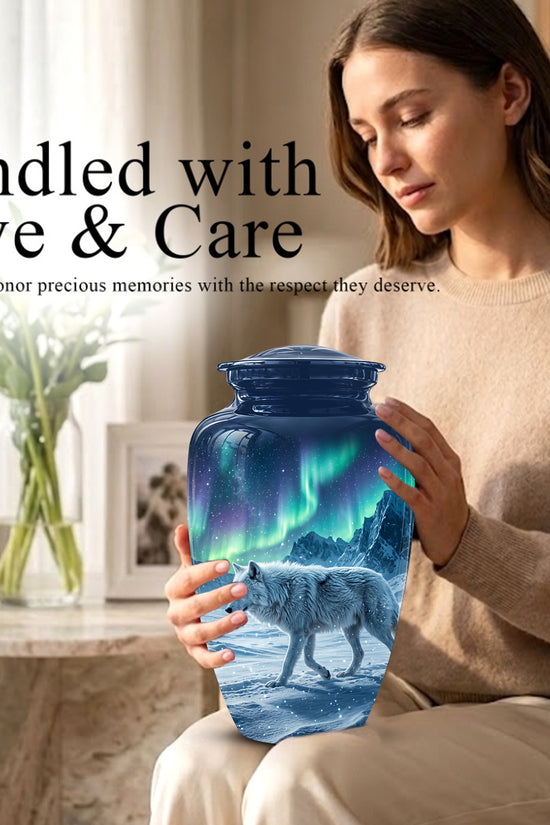 Snowy Wolf Cremation Urn - Northern Light Memorial Urn For Human Ashes