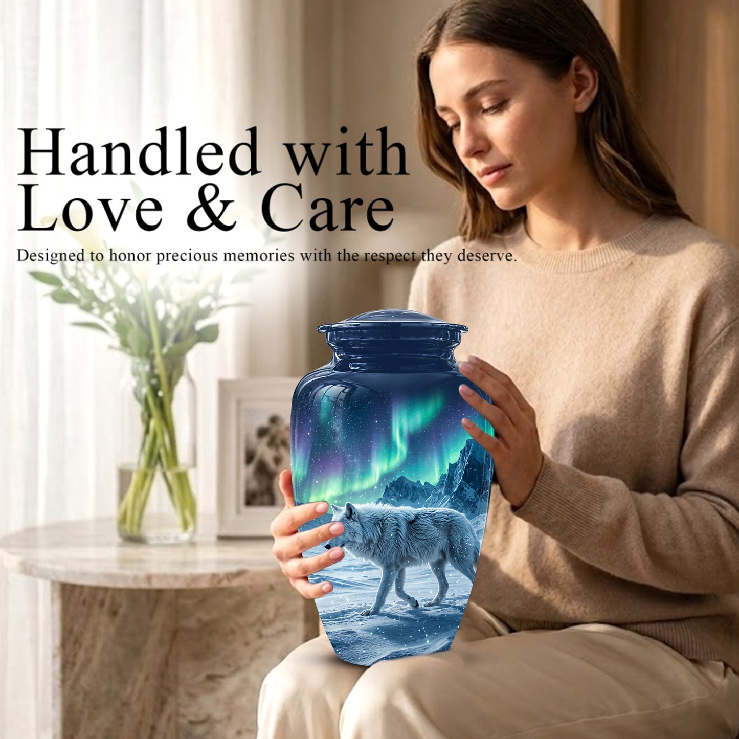 Snowy Wolf Cremation Urn - Northern Light Memorial Urn For Human Ashes
