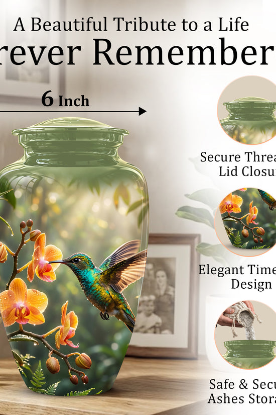 Colorful Hummingbird Urn - Green Cremation Urn For Nature Lovers Ashes