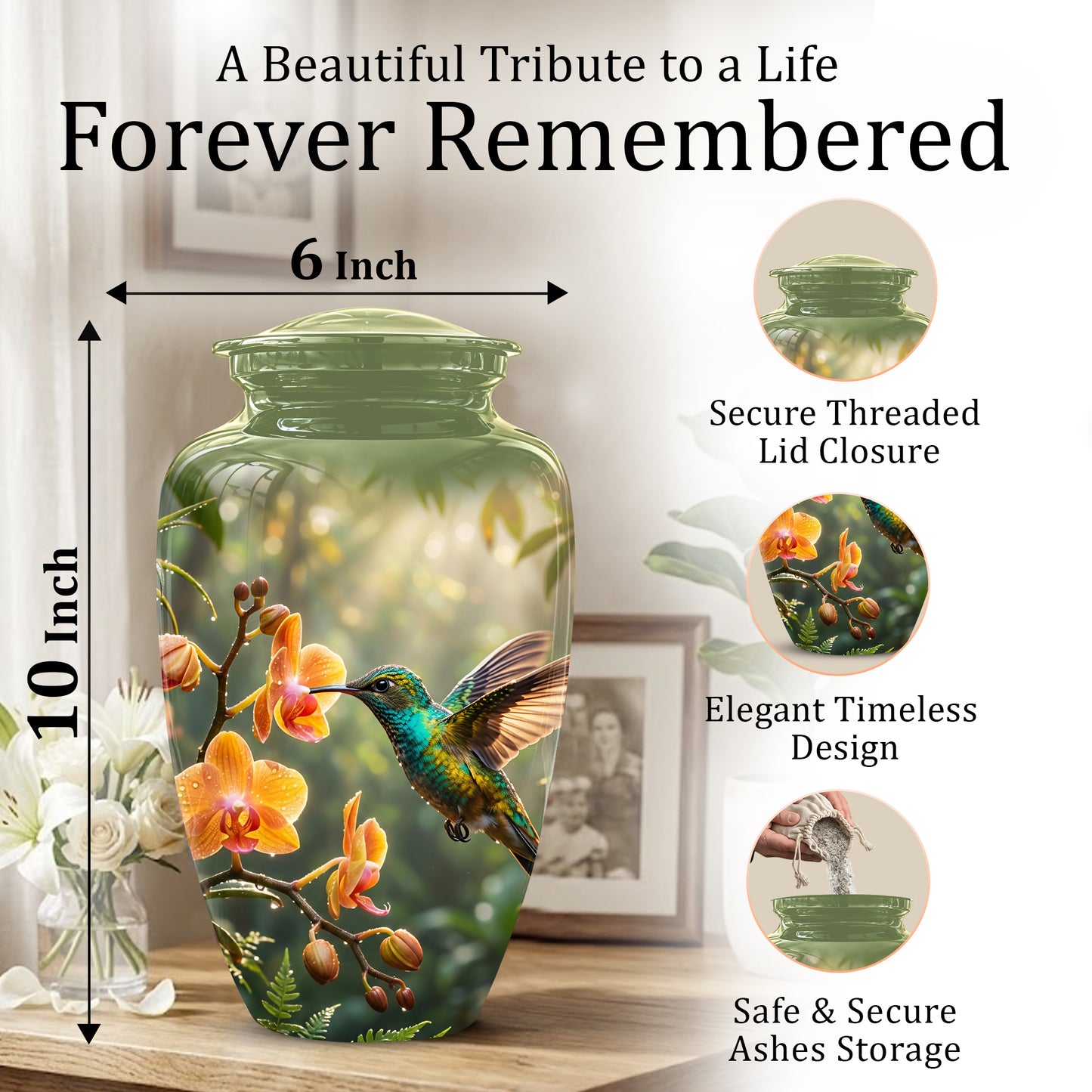 Colorful Hummingbird Urn - Green Cremation Urn For Nature Lovers Ashes