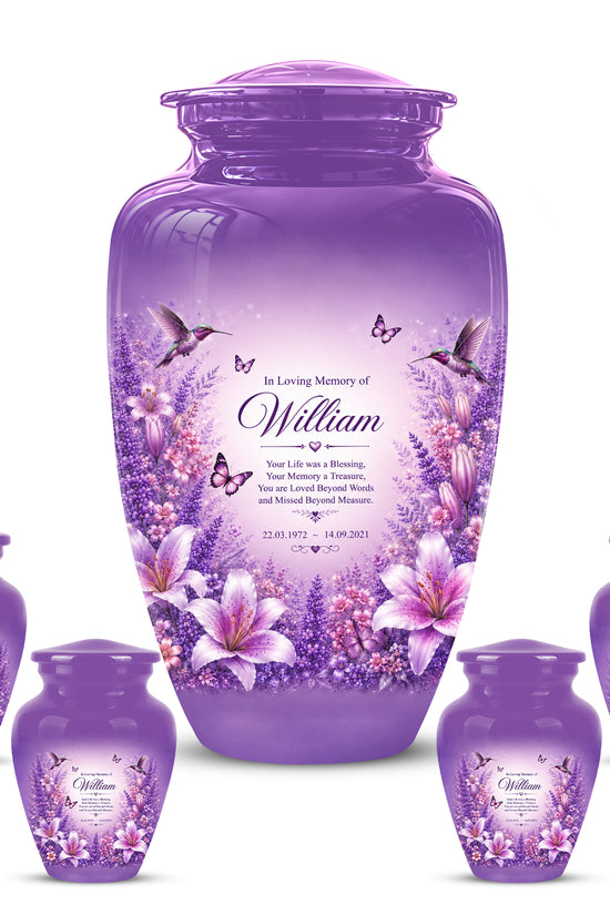 Lavender Hummingbird Urn – Purple Floral Urn for Human Ashes