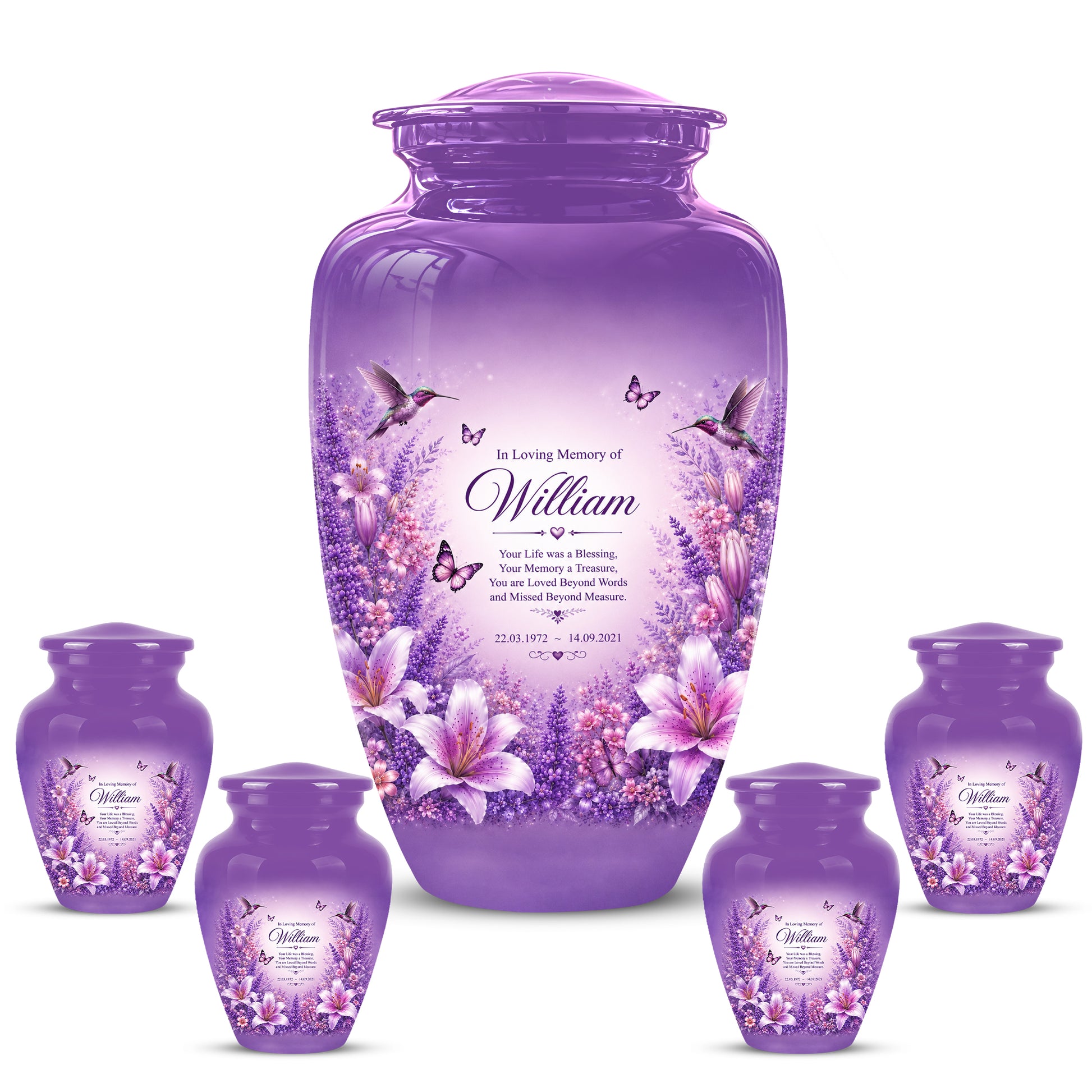 Lavender Hummingbird Urn – Purple Floral Urn for Human Ashes