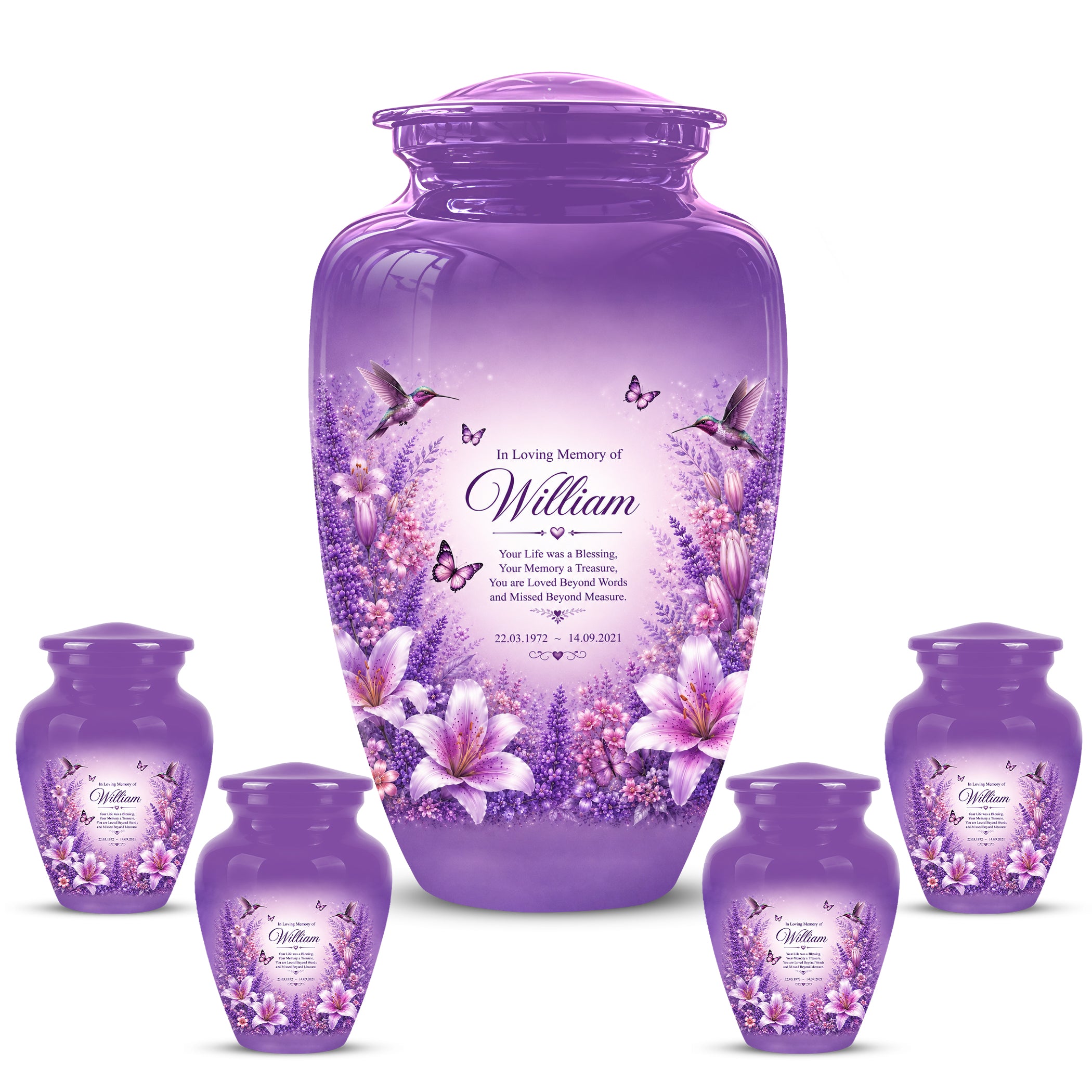 Lavender Hummingbird Urn – Purple Floral Urn for Human Ashes