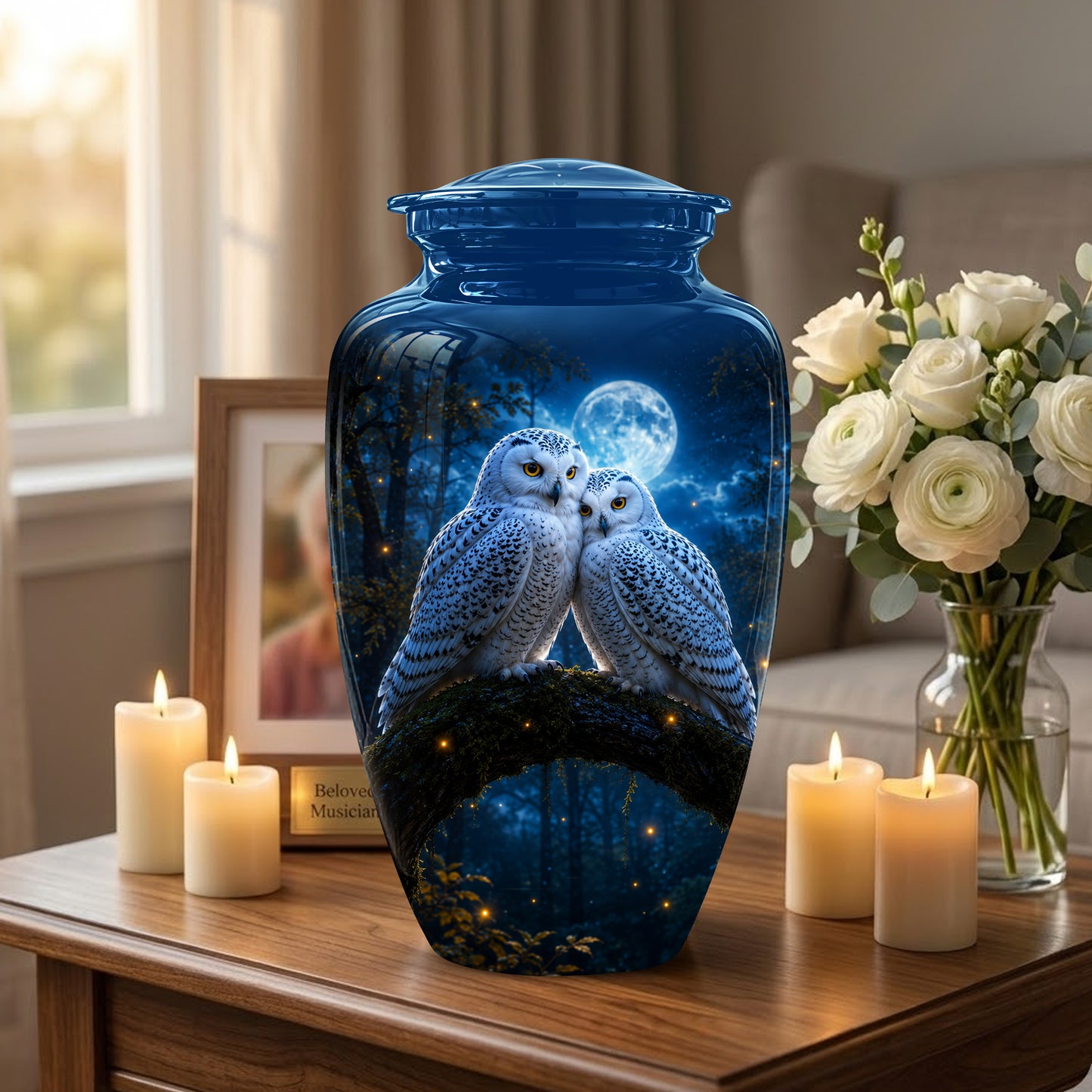 Snowy Owls Cremation Urn - Moonlight Owl Funeral Urns For Human Ashes
