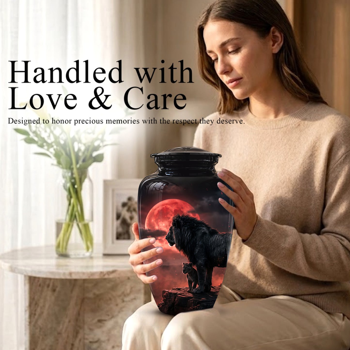 Lion With Cub Cremation Urn - Blood Moon Urns For Human Ashes