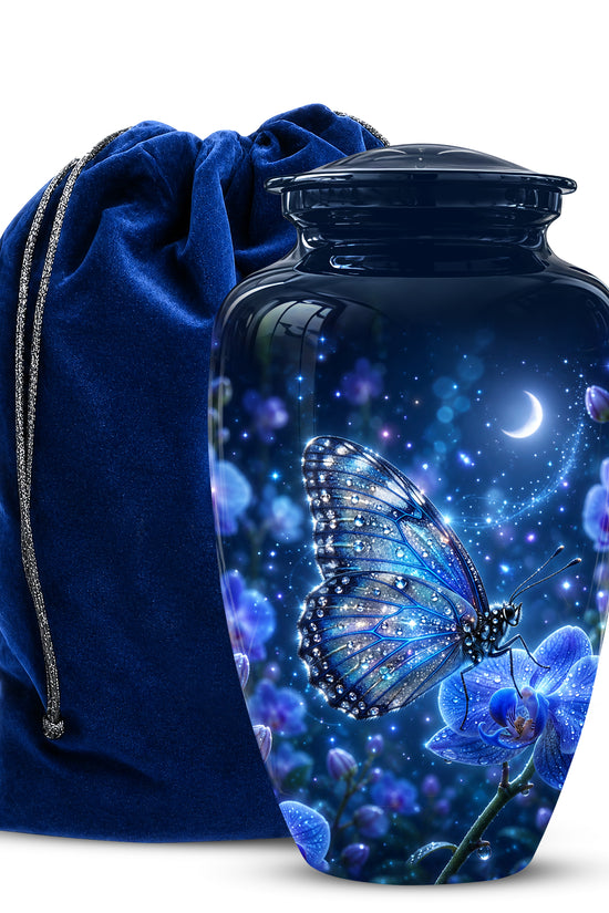 Blue Butterfly On Flower -Starry Night Burial Urns For Human Ashes