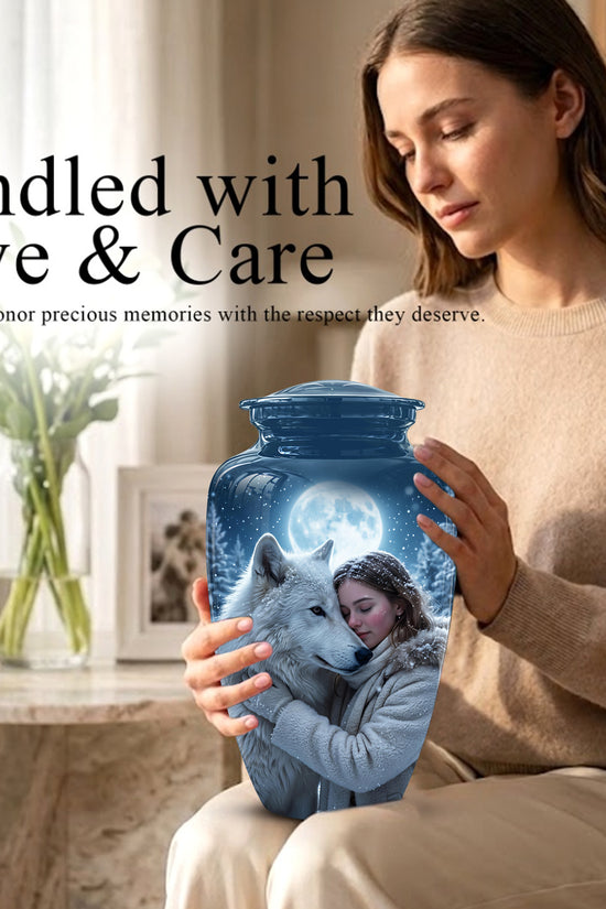 Moonlit White Wolf Cremation Urn for Ashes | Personalized Memorial