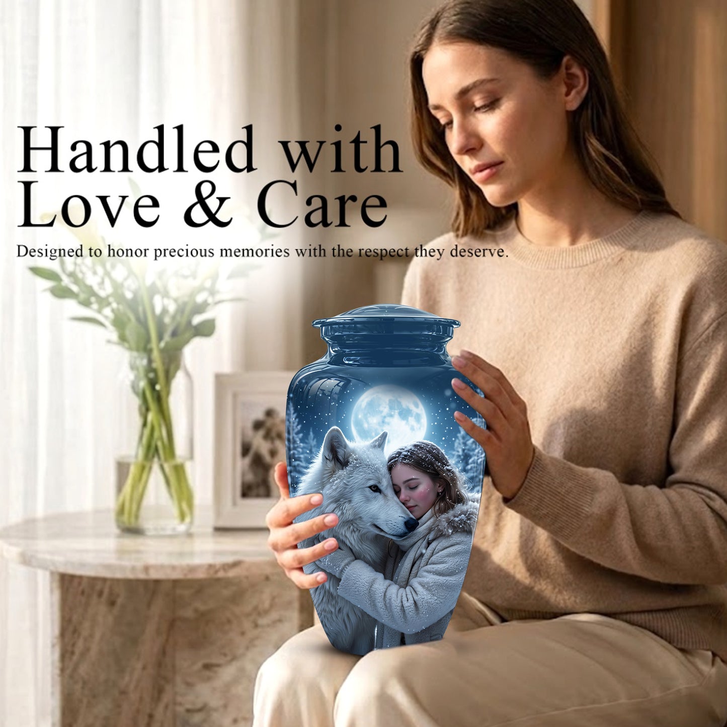 Moonlit White Wolf Cremation Urn for Ashes | Personalized Memorial