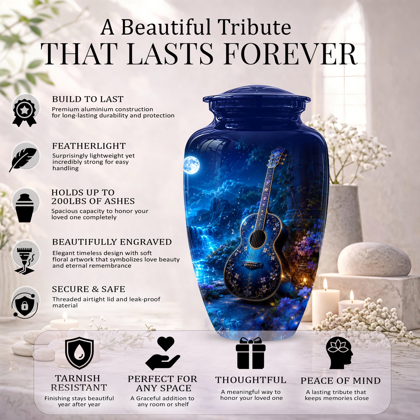 Blue Guitar Moonlight Urn - Beautiful Artistic Urns For Music Lovers