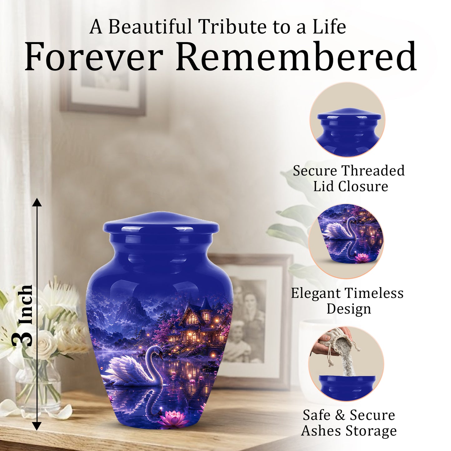 White Swan Cremation Urn - Night Landscape Funeral Urns For Human Ashes