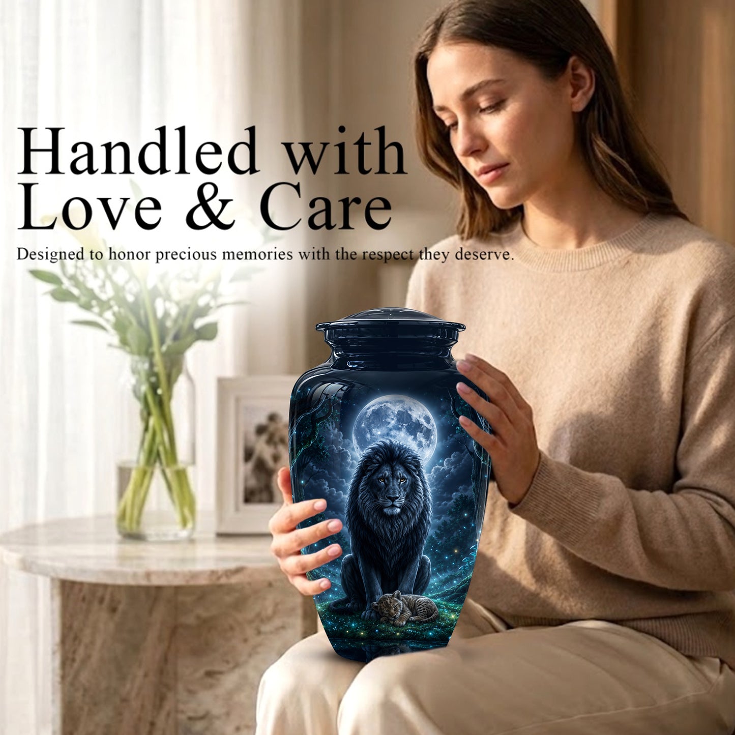 Lion And Moon Memorial Urn - Lion Adult Male Funeral Urns For Ashes