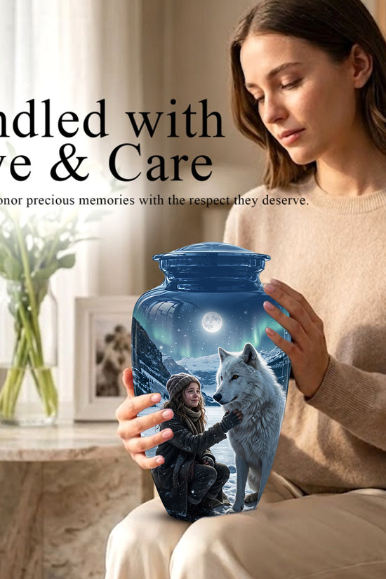 Snowy Moonlit White Wolf Urn for Ashes | Custom Memorial Urn