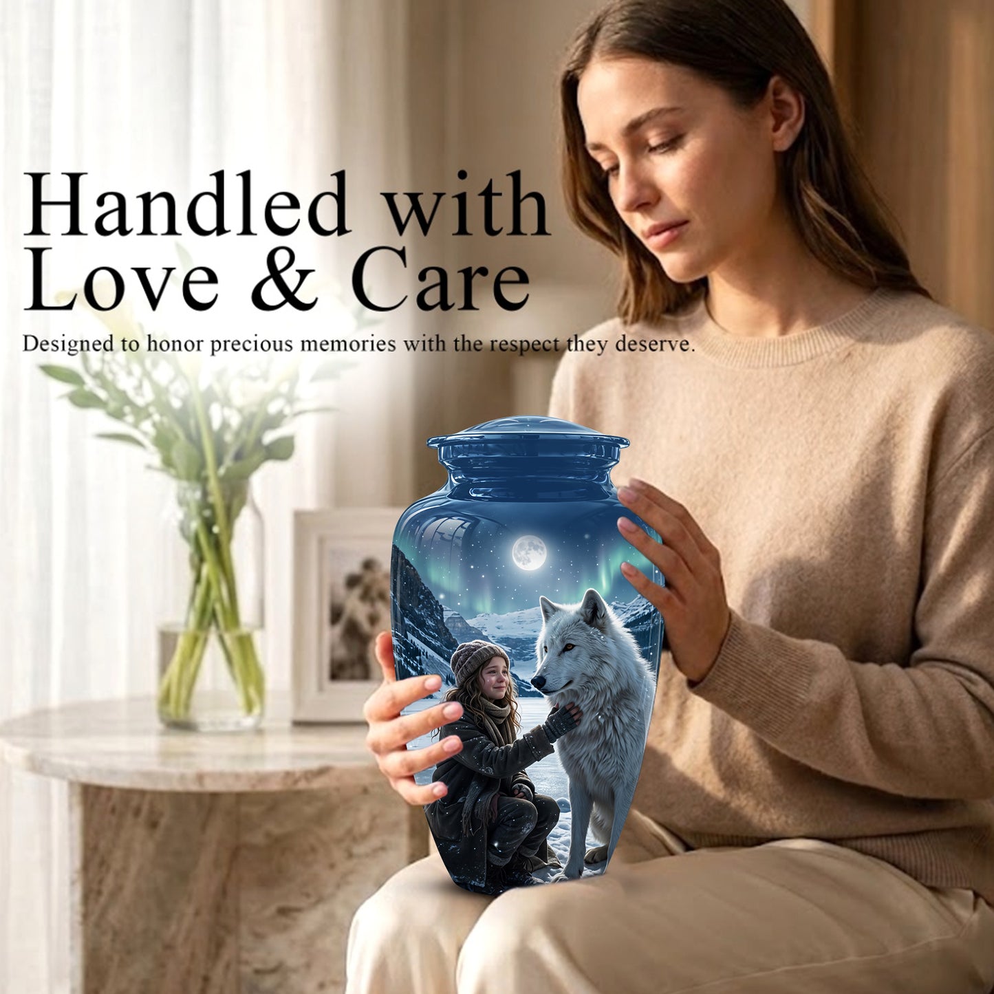 Snowy Moonlit White Wolf Urn for Ashes | Custom Memorial Urn
