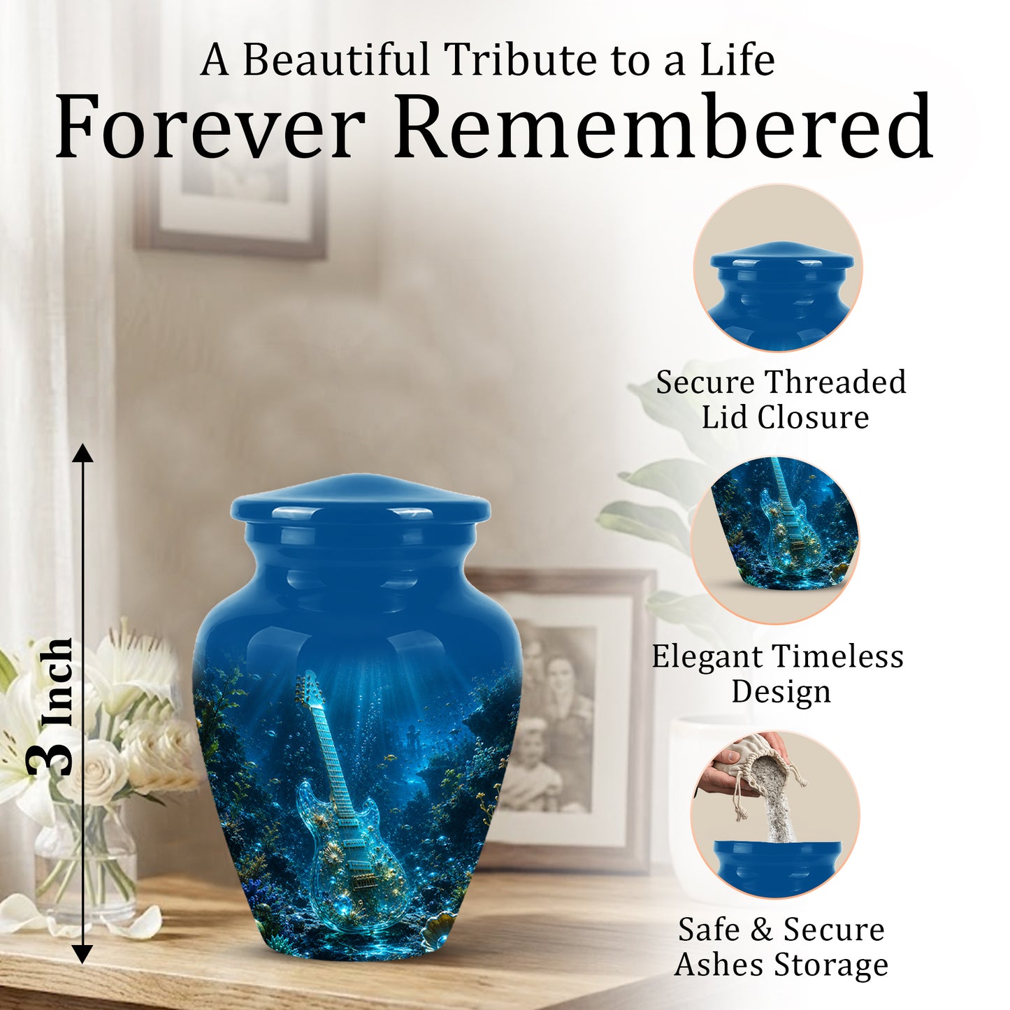 Underwater Guitar Themed Urn -Peaceful Memorial Tribute Urns For Ashes