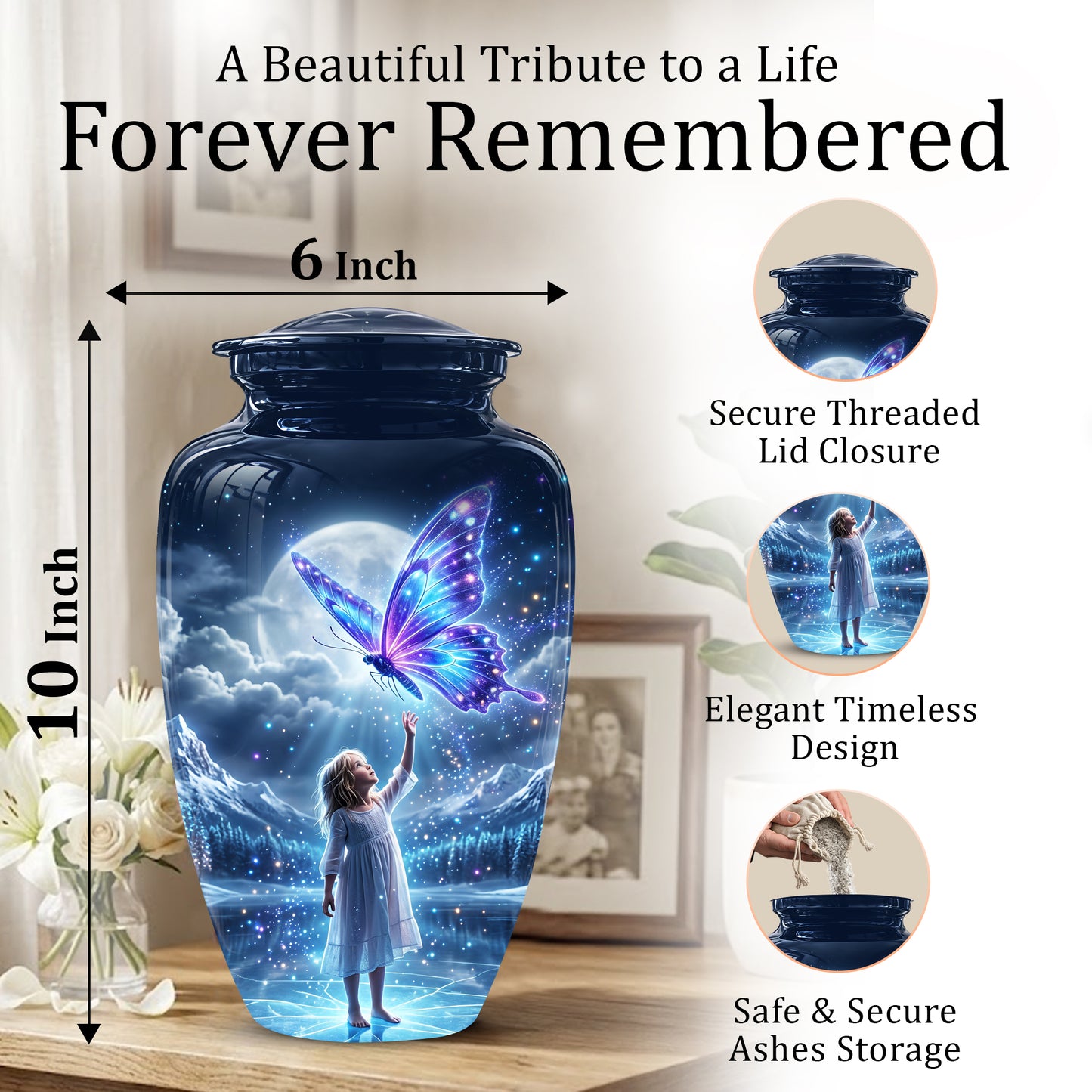 Colorful Butterfly With Girl Child - Beautiful Funeral Urns For Ashes