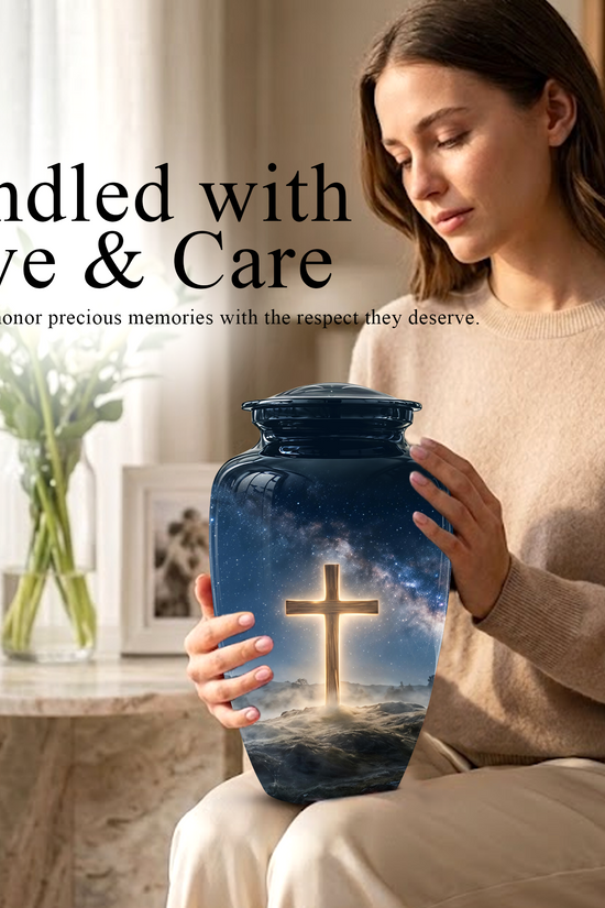 Jesus Cross In Night Sky Urn - Artistic Funeral Memorial Urns For Human Ashes