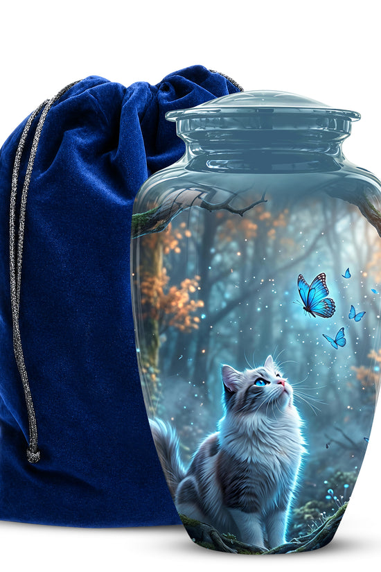 White Cat With Flying Butterfly - Custom Handcrafted Urns For Humans