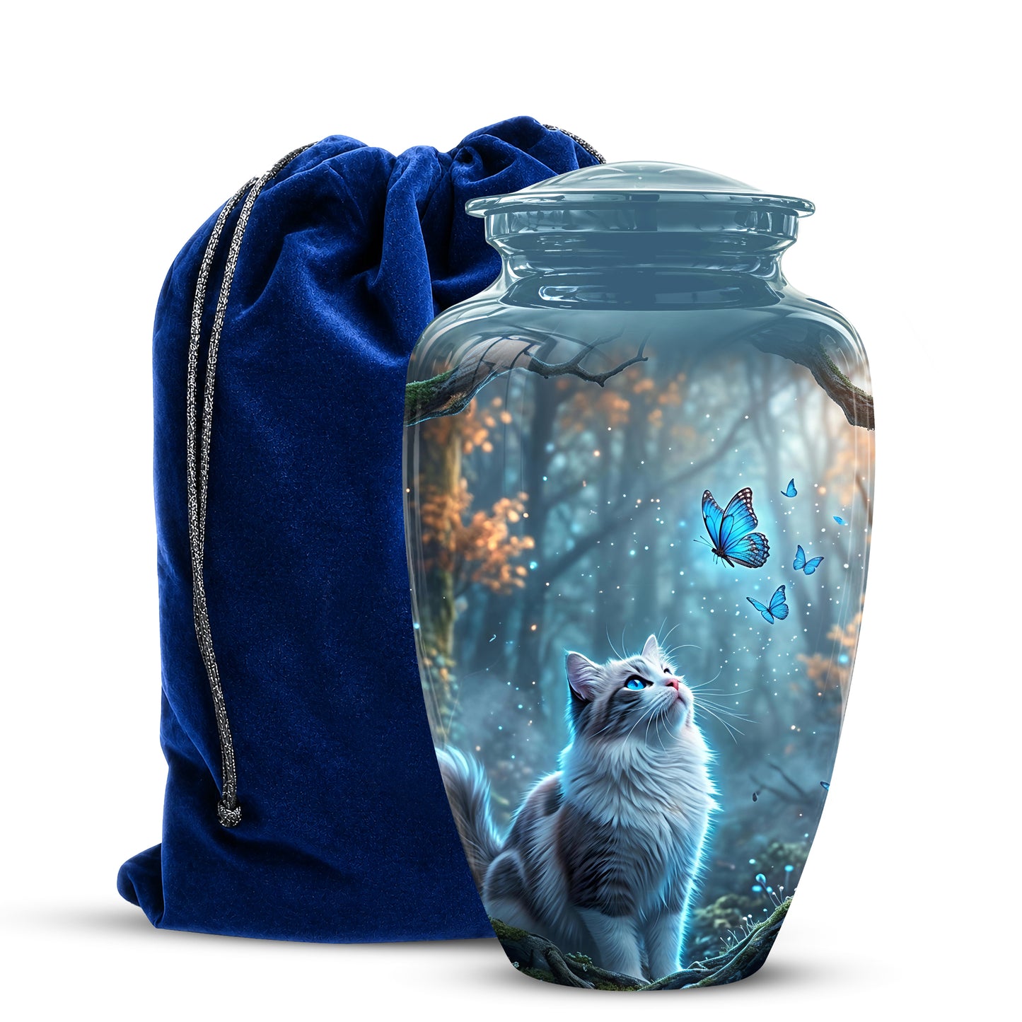 White Cat With Flying Butterfly - Custom Handcrafted Urns For Humans