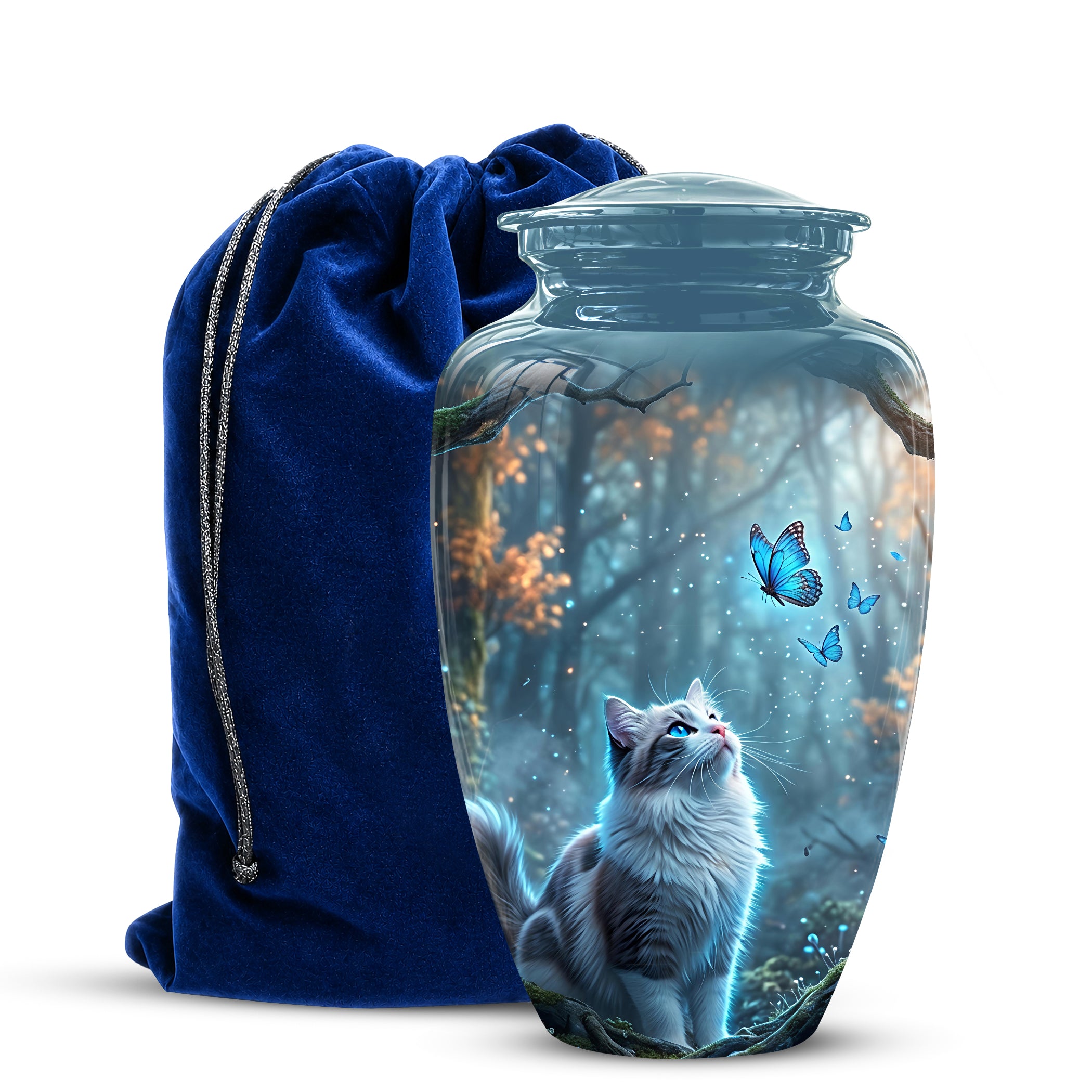 White Cat With Flying Butterfly - Custom Handcrafted Urns For Humans