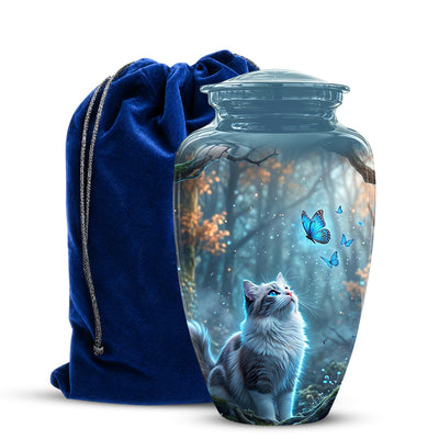 White Cat With Flying Butterfly - Custom Handcrafted Urns For Humans