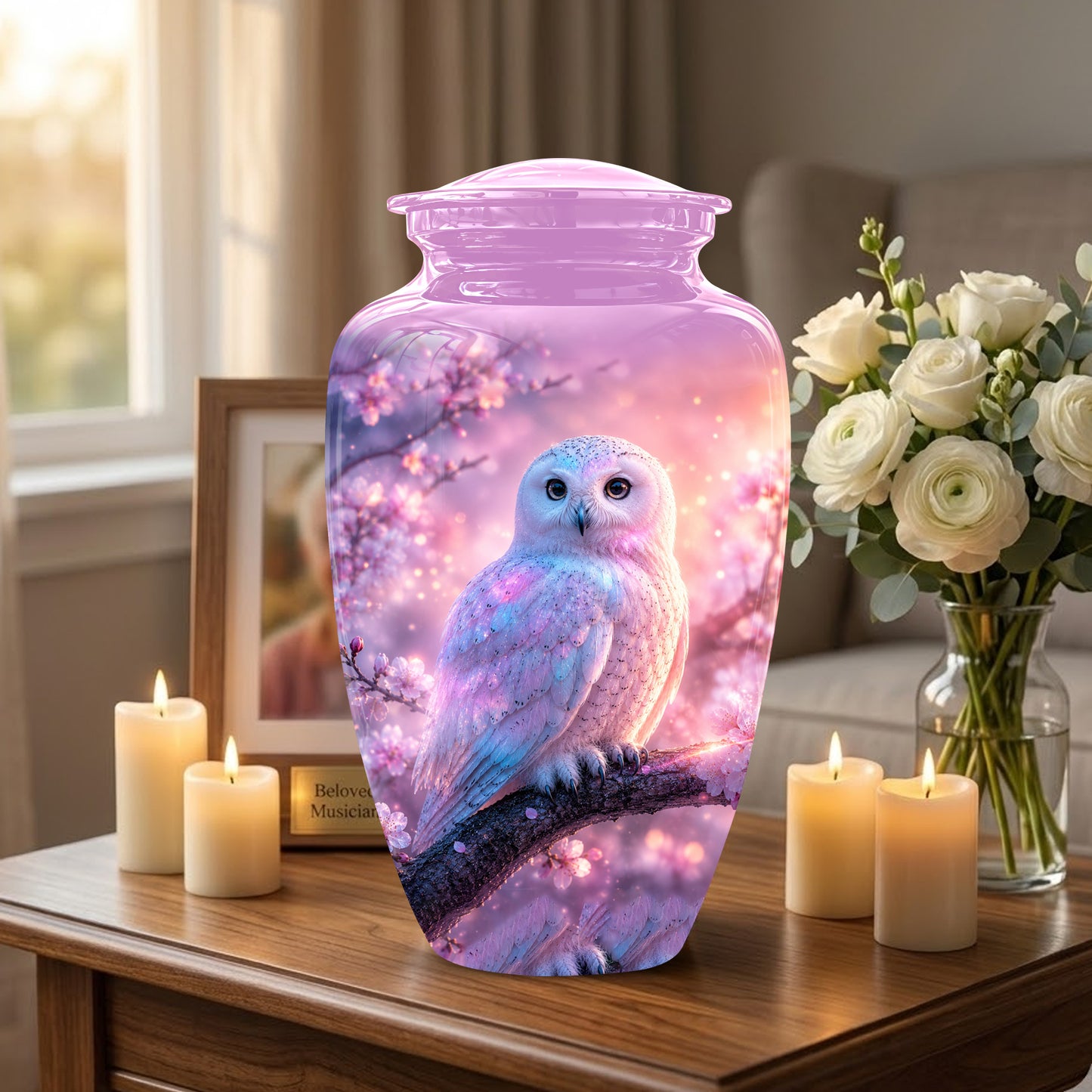 White Owl Cremation Urn - Beautiful Pink Memorial Urns For Human Ashes