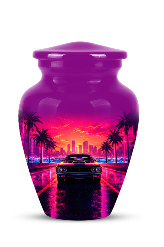 Neon Sunset Cityscape Sports Car Urn - Artistic Cremation Urn On Sale