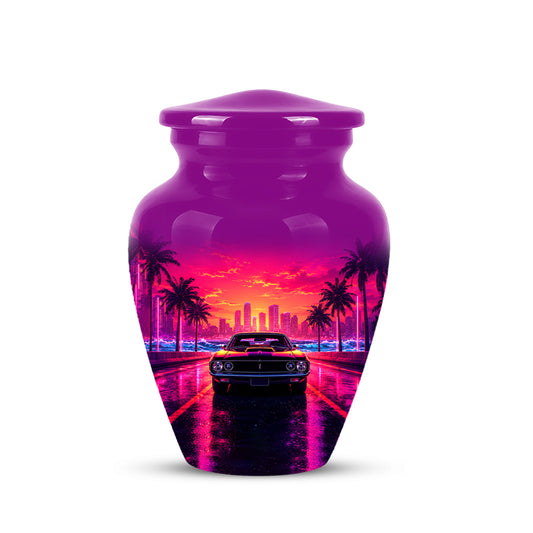 Neon Sunset Cityscape Sports Car Urn - Artistic Cremation Urn On Sale