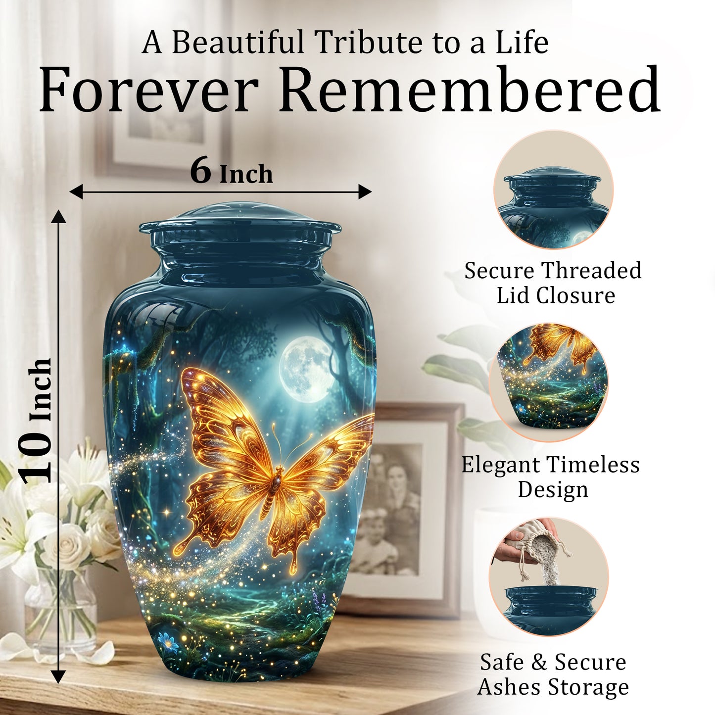 Glowing Yellow Butterfly Themed Urn - Moonlight Memorial Urns For Ashes