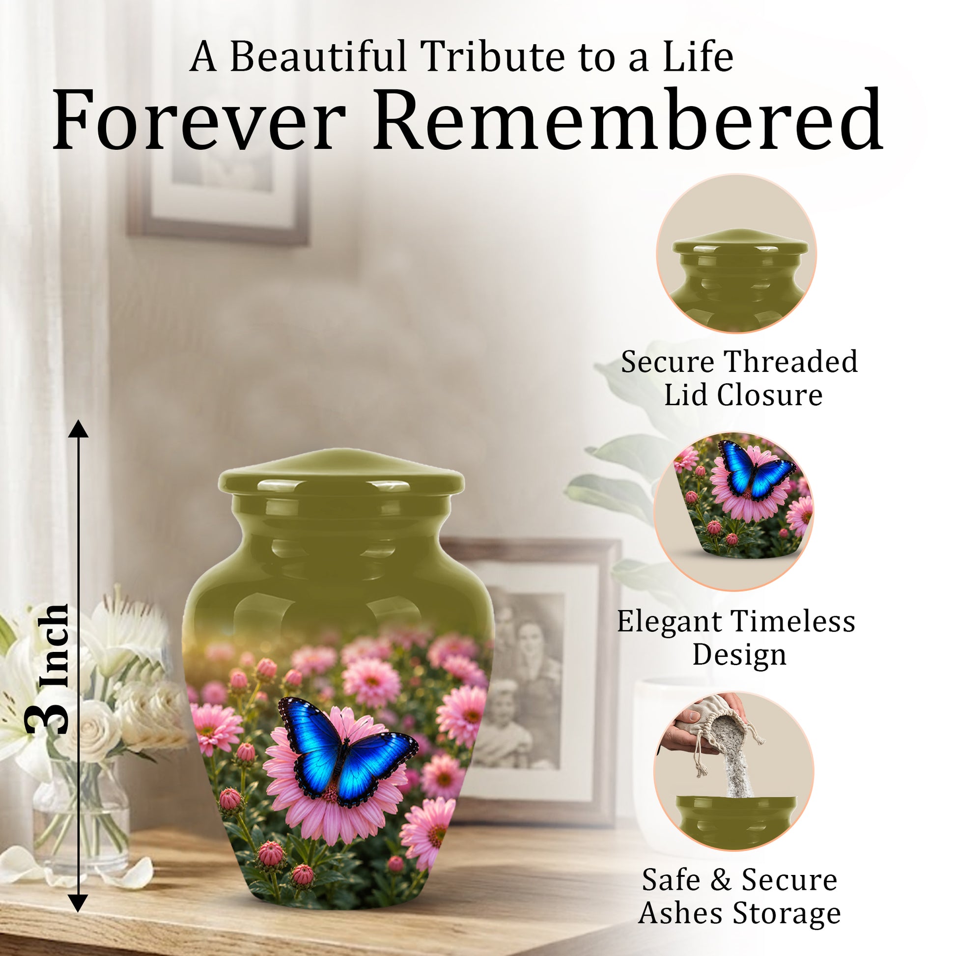 Personalized Blue Butterfly Urn - Pink Flower Memorial Urns For Ashes