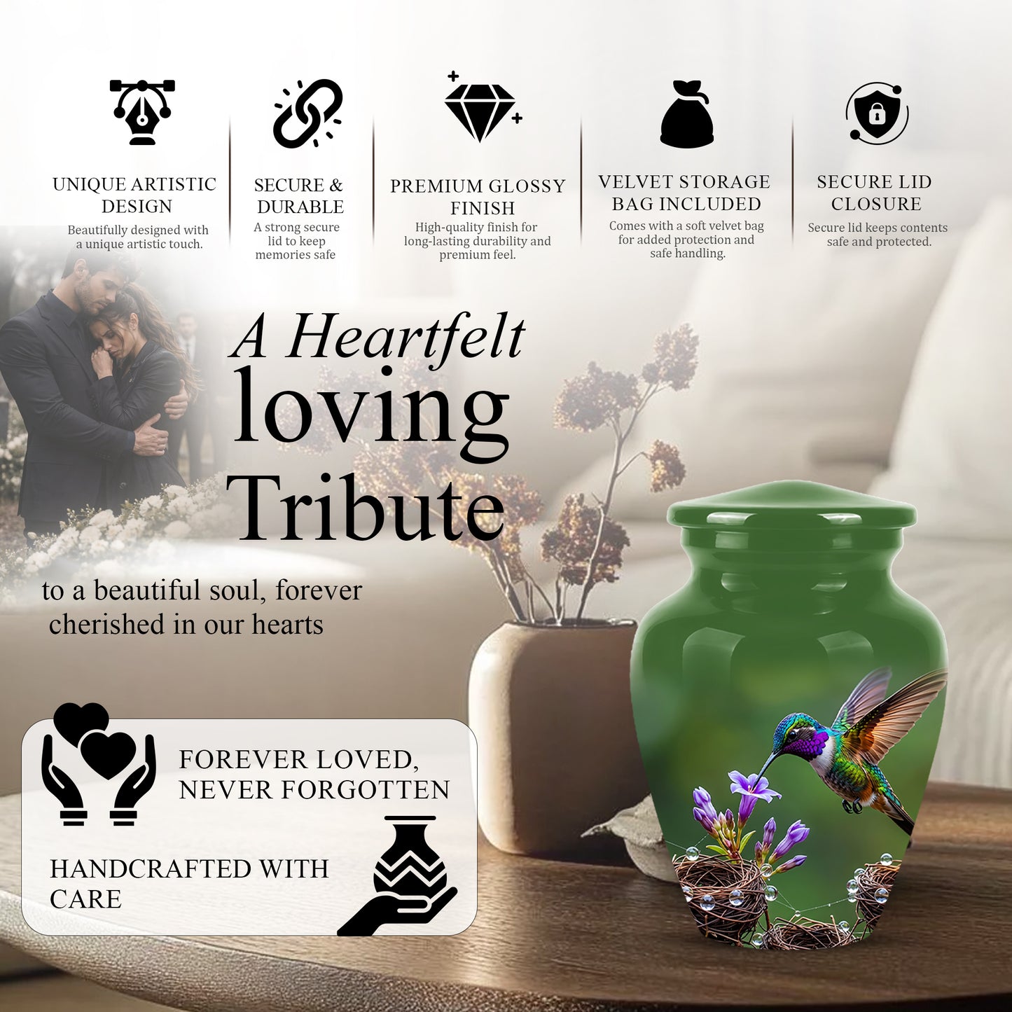 Colorful Hummingbird Memorial Urn - Green Burial Urns For Women Ashes