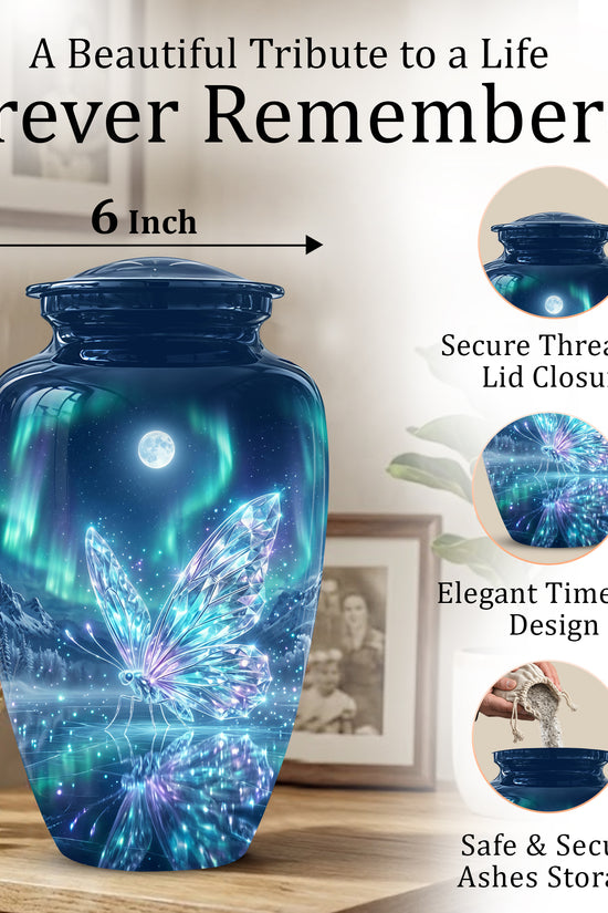 Glowing Butterfly Cremation Urn - Beautiful Blue Memorial Urns For Mom