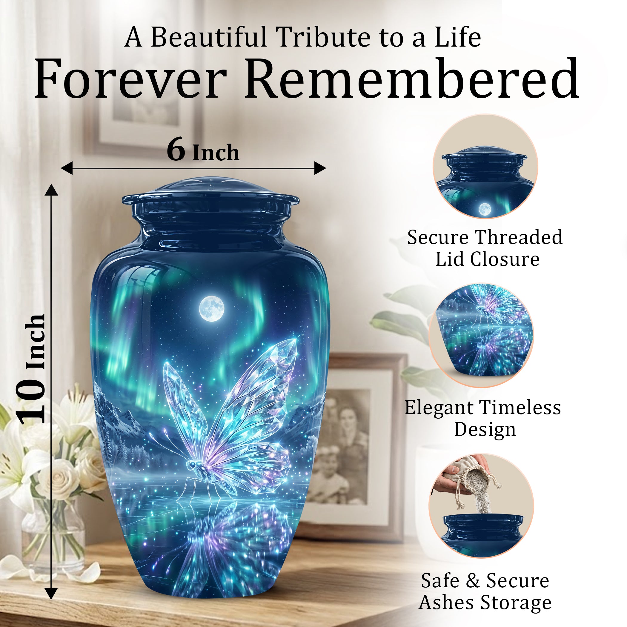 Glowing Butterfly Cremation Urn - Beautiful Blue Memorial Urns For Mom