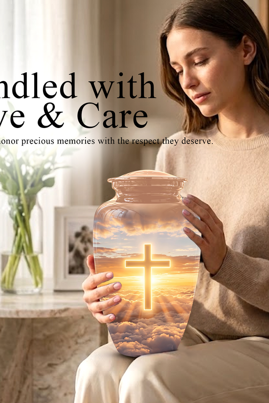 Christian Cross in Sky Cremation Urn - Beautiful Artistic Burial Urns For Ashes