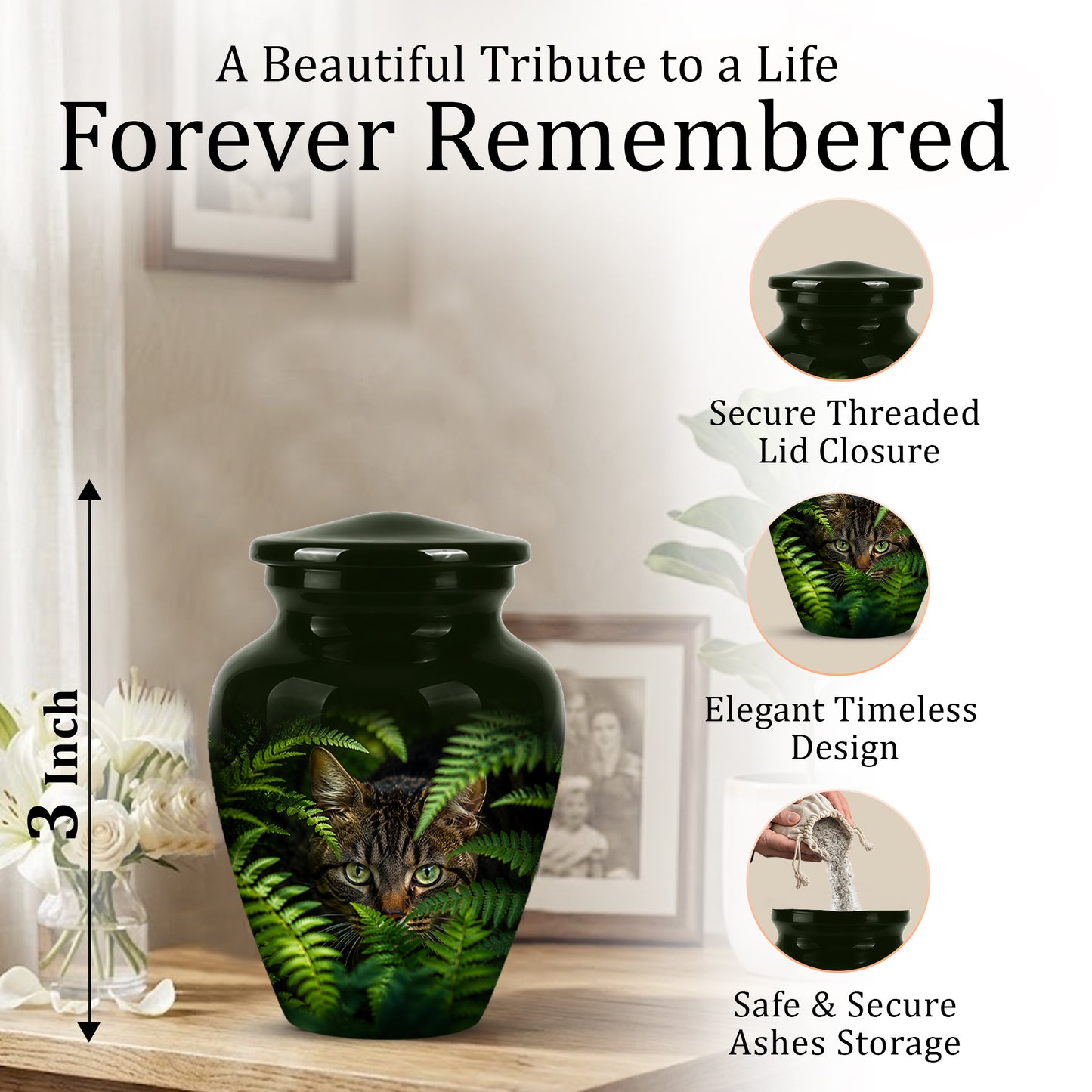 Cat Cremation Urns For Ashes - Personalized Black Pet Burial Urns