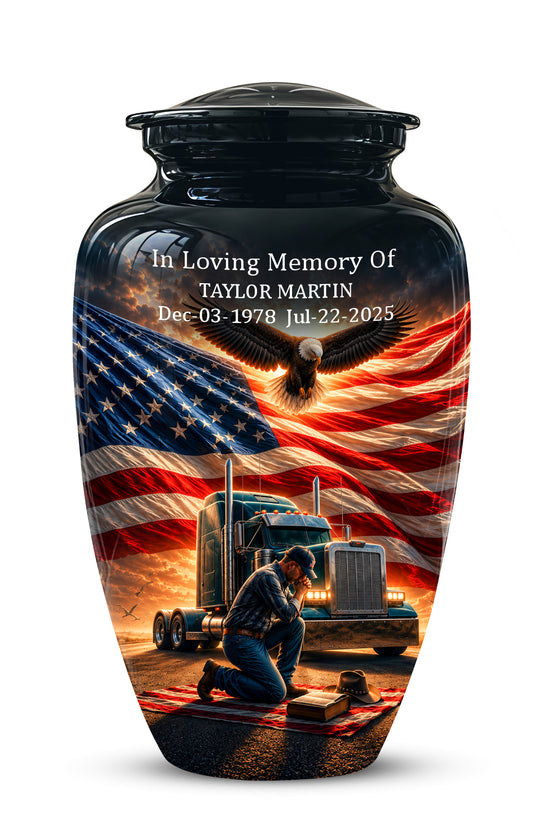 Personalized Patriotic Truck Driver Funeral Urn with American Flag Design