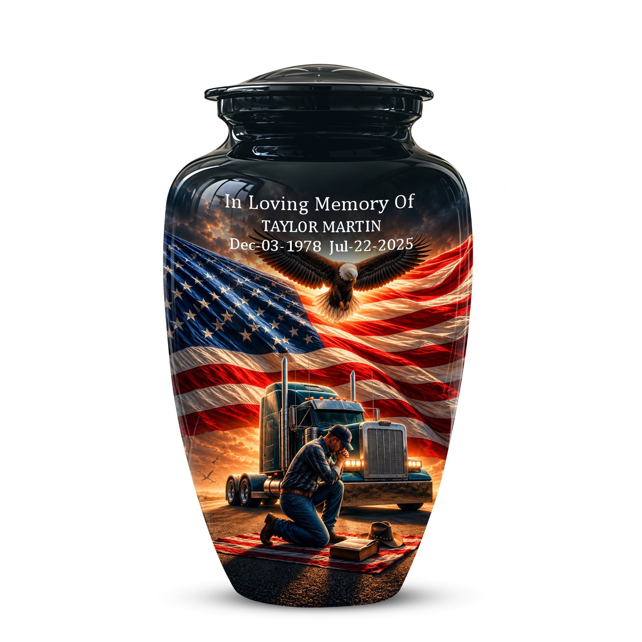 Personalized Patriotic Truck Driver Funeral Urn with American Flag Design