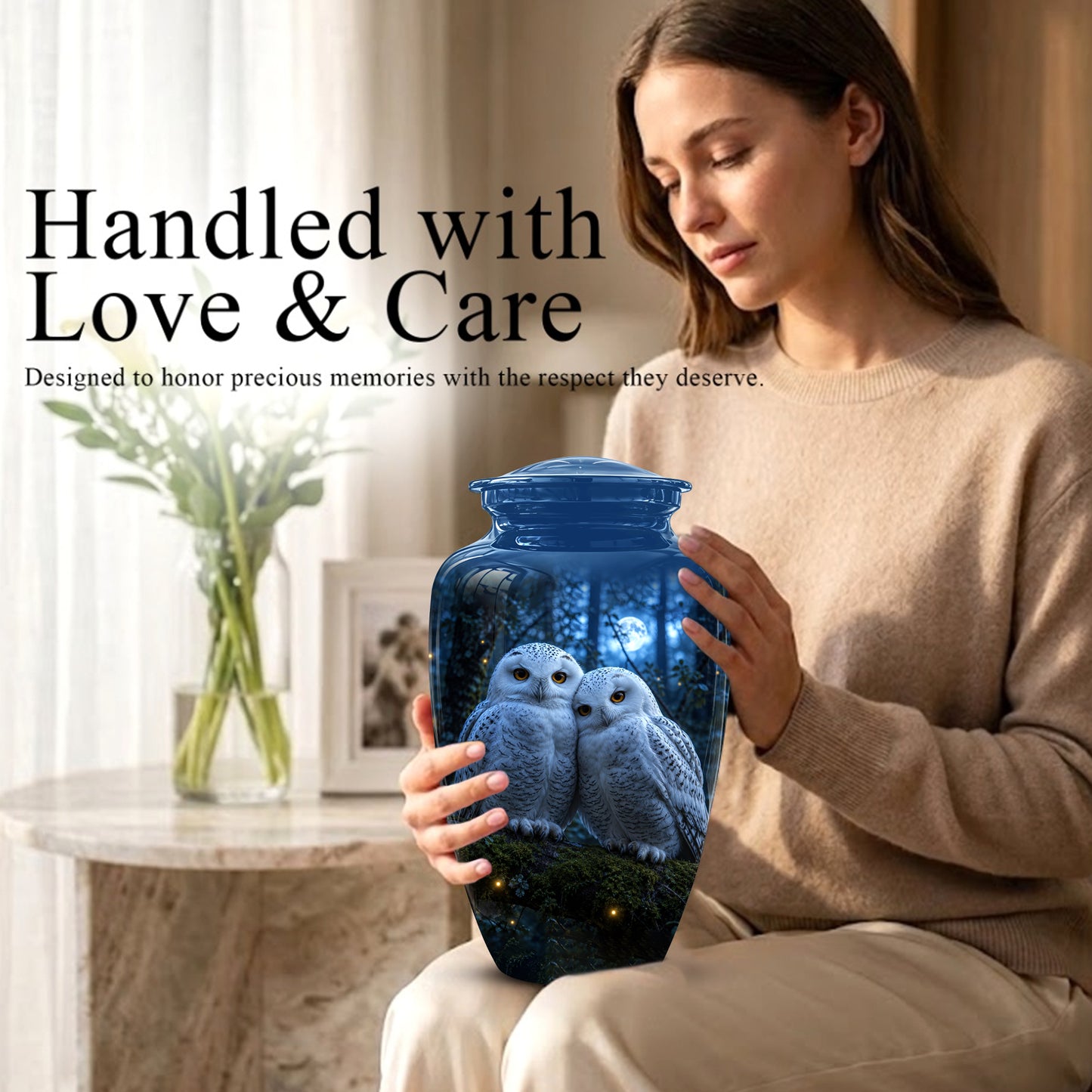 Snowy Owl Cremation Urn - Majestic Blue Memorial Urns For Human Ashes