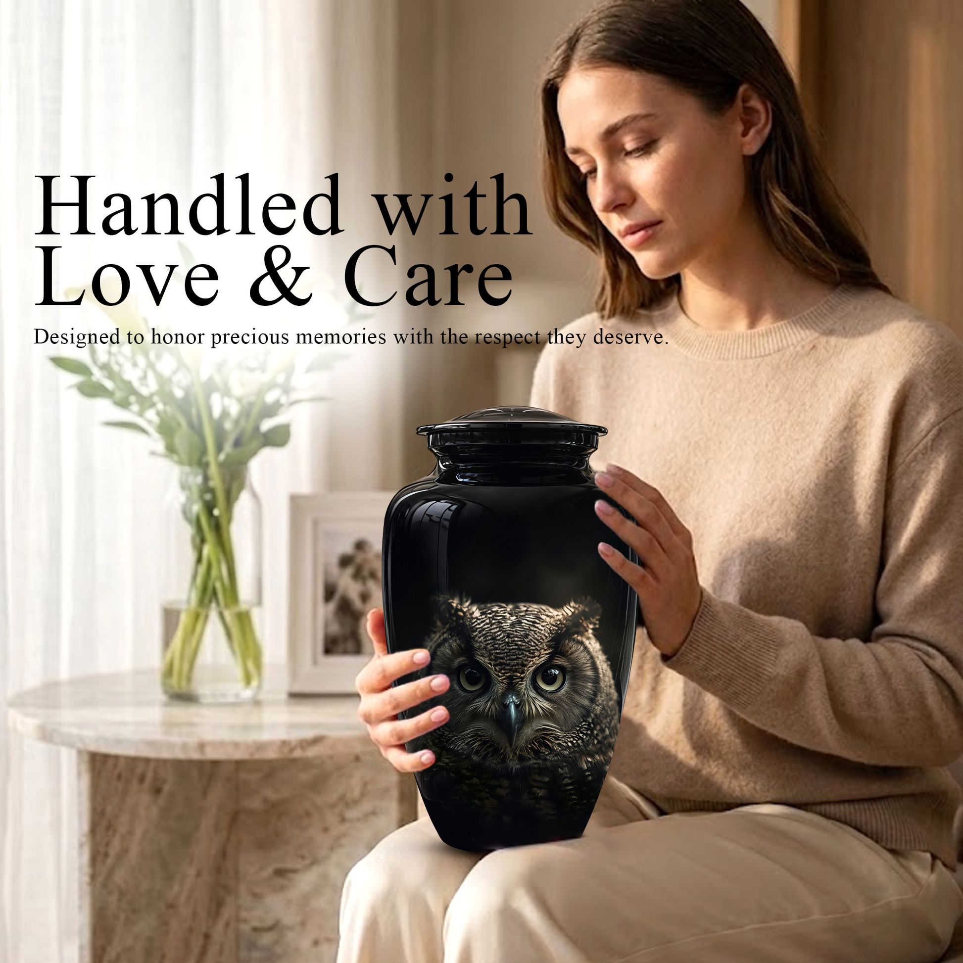 Owl Cremation Urns For Human Ashes - Black Burial Urns For Dad