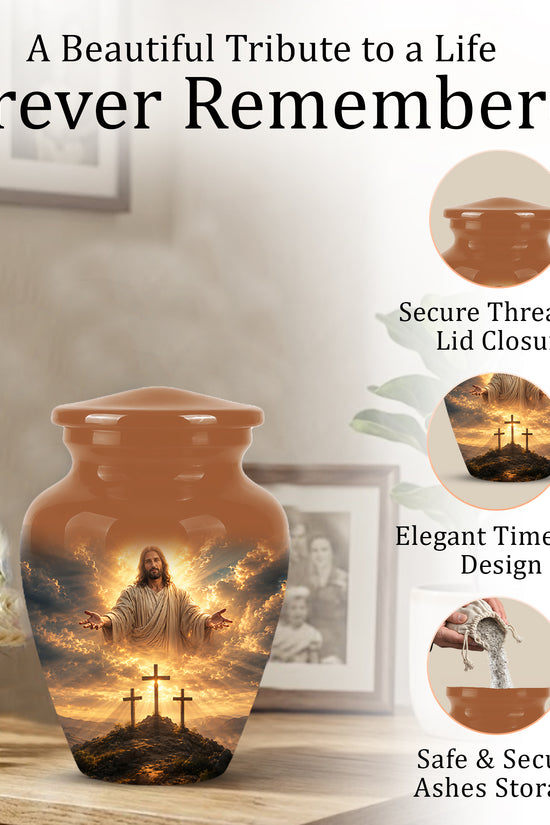Christian Cross Themed Urn - Sunset Jesus Urns For Spiritual Human Ashes
