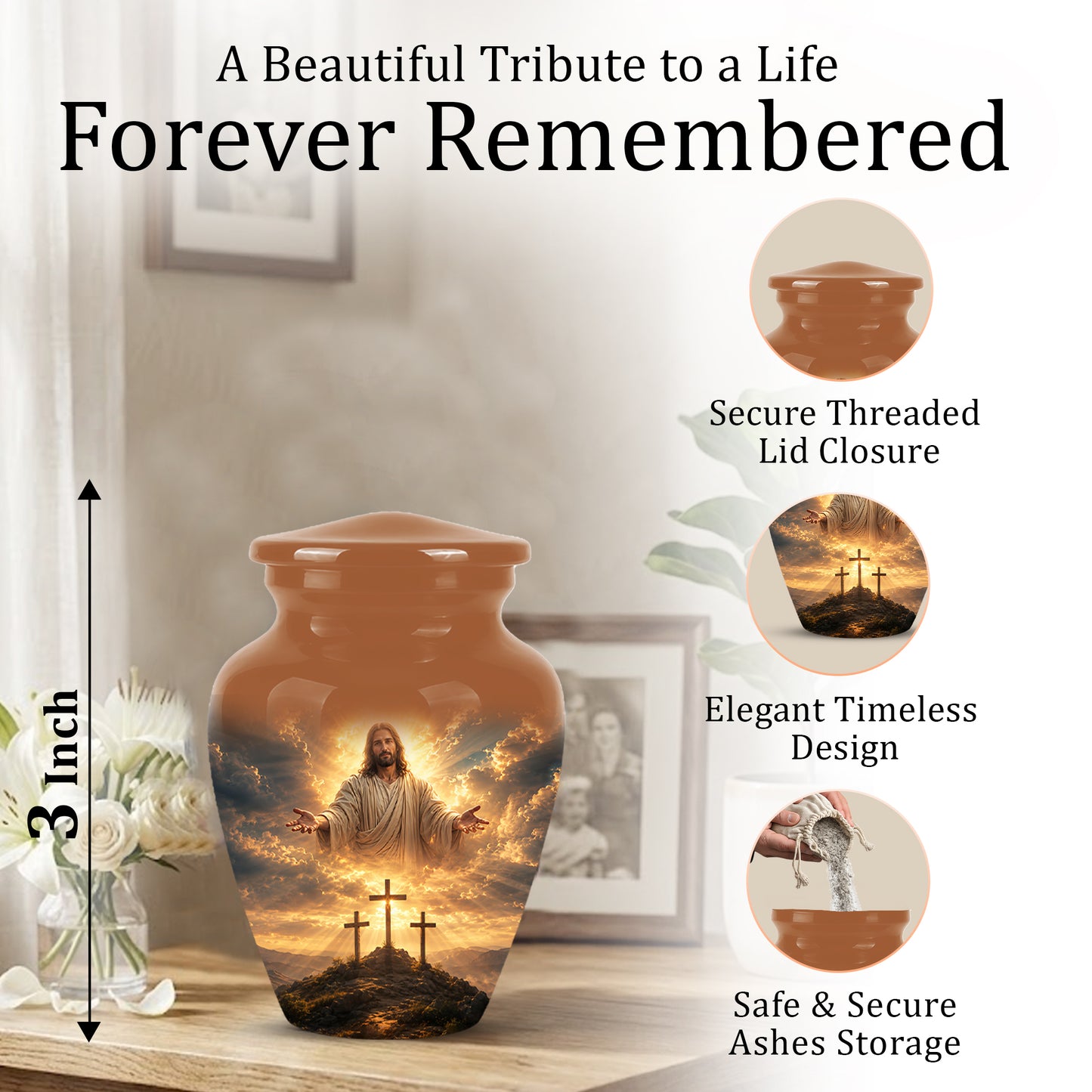 Christian Cross Themed Urn - Sunset Jesus Urns For Spiritual Human Ashes