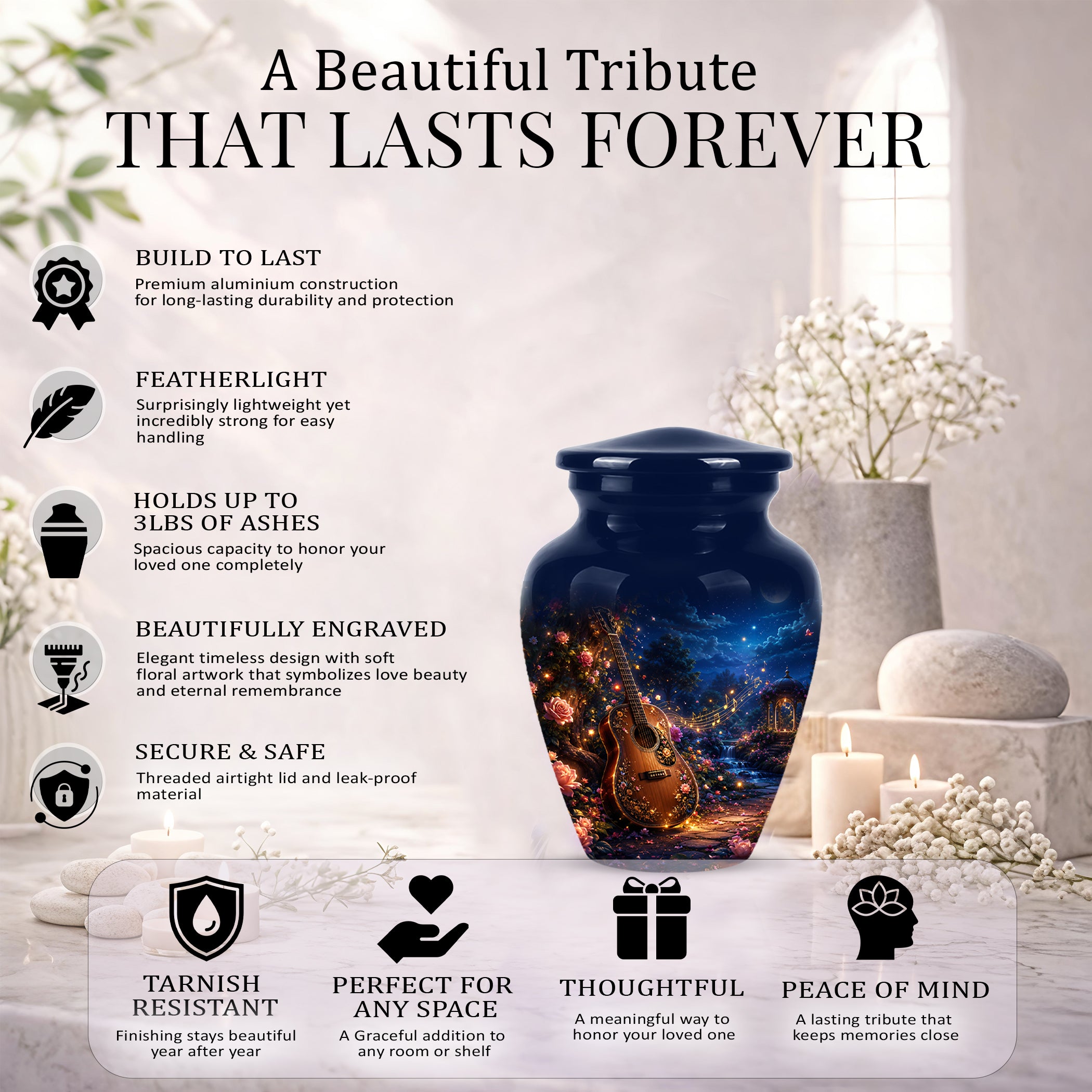 Acoustic Guitar & Starry Night Urn - Custom Funeral Urns For Musicians