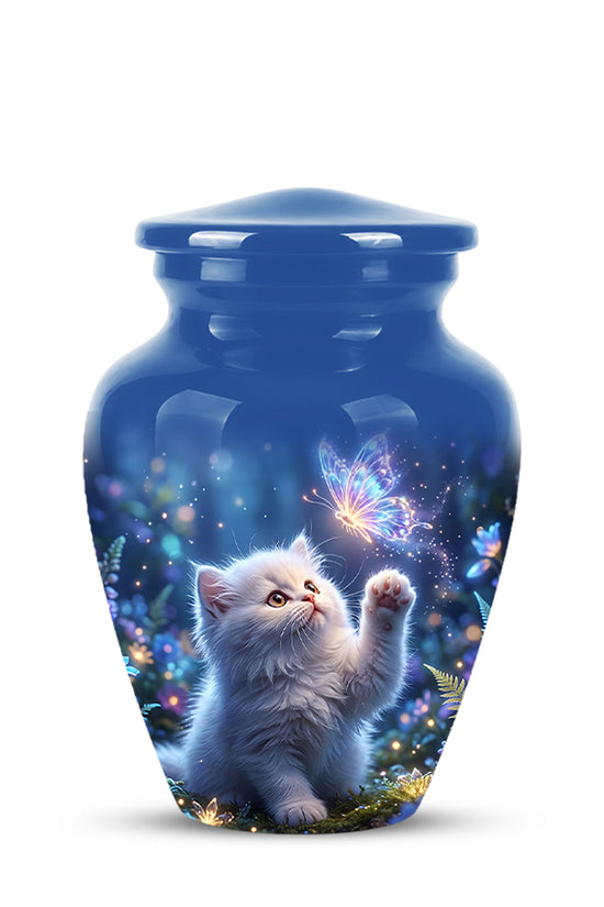 White Cat With Majestic Butterfly - Blue Cremation Urns For Human Ashes