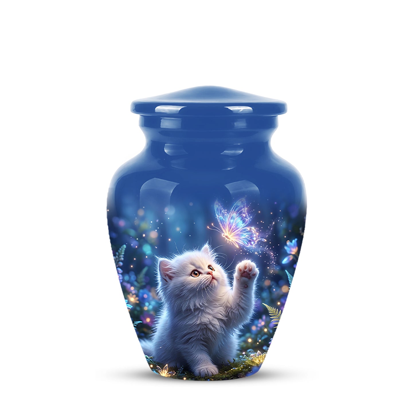 White Cat With Majestic Butterfly - Blue Cremation Urns For Human Ashes