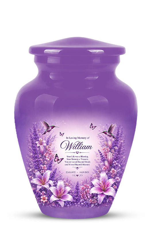 Lavender Hummingbird Urn – Purple Floral Urn for Human Ashes