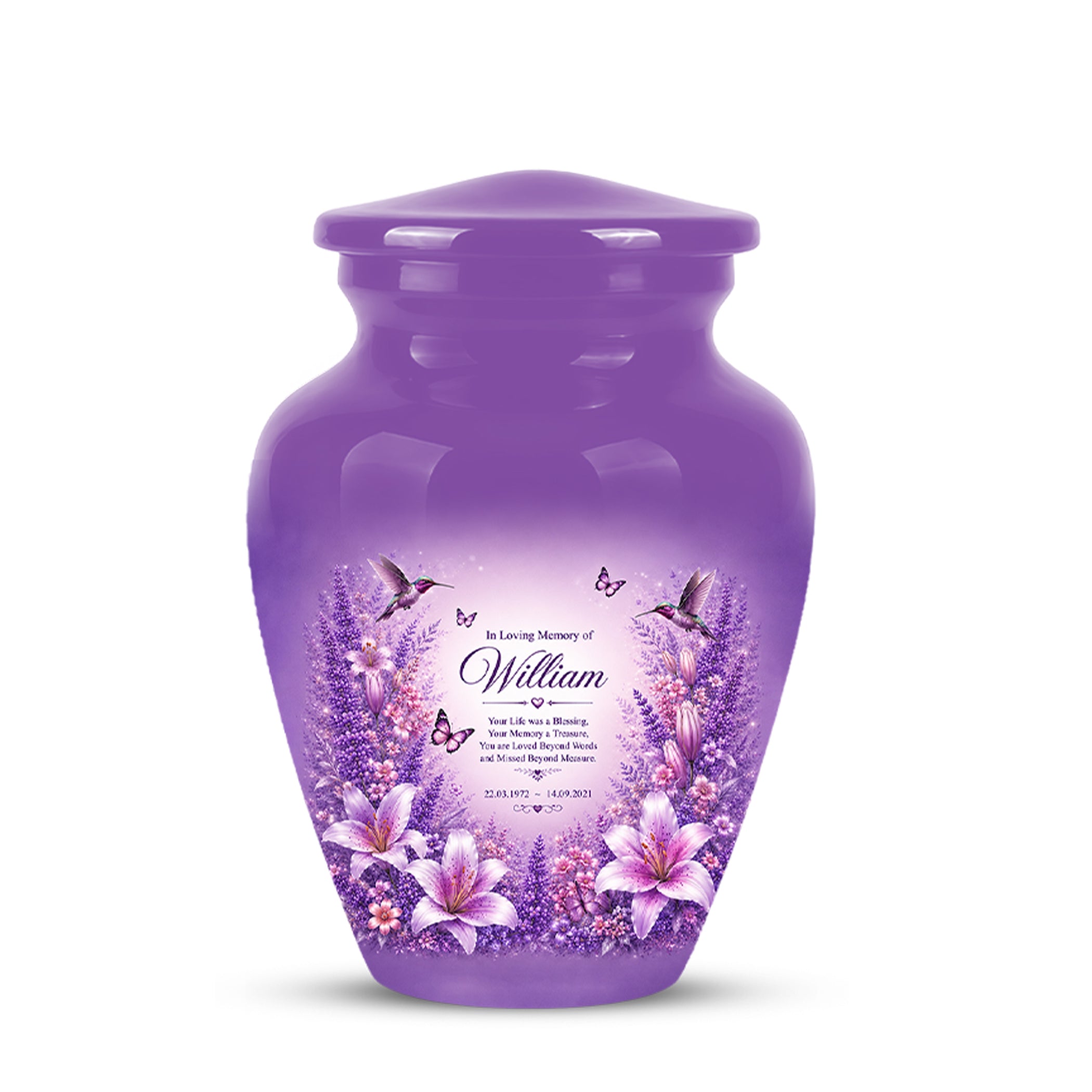 Lavender Hummingbird Urn – Purple Floral Urn for Human Ashes