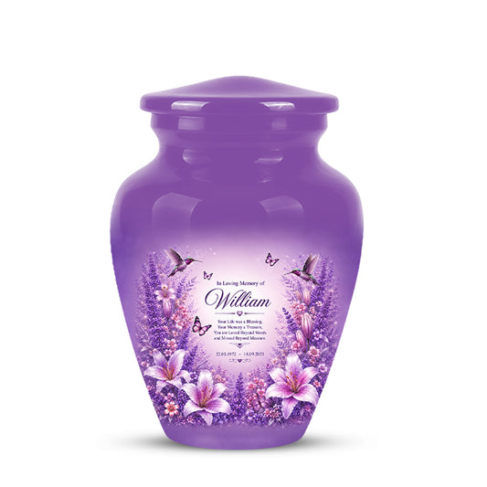 Lavender Hummingbird Urn – Purple Floral Urn for Human Ashes