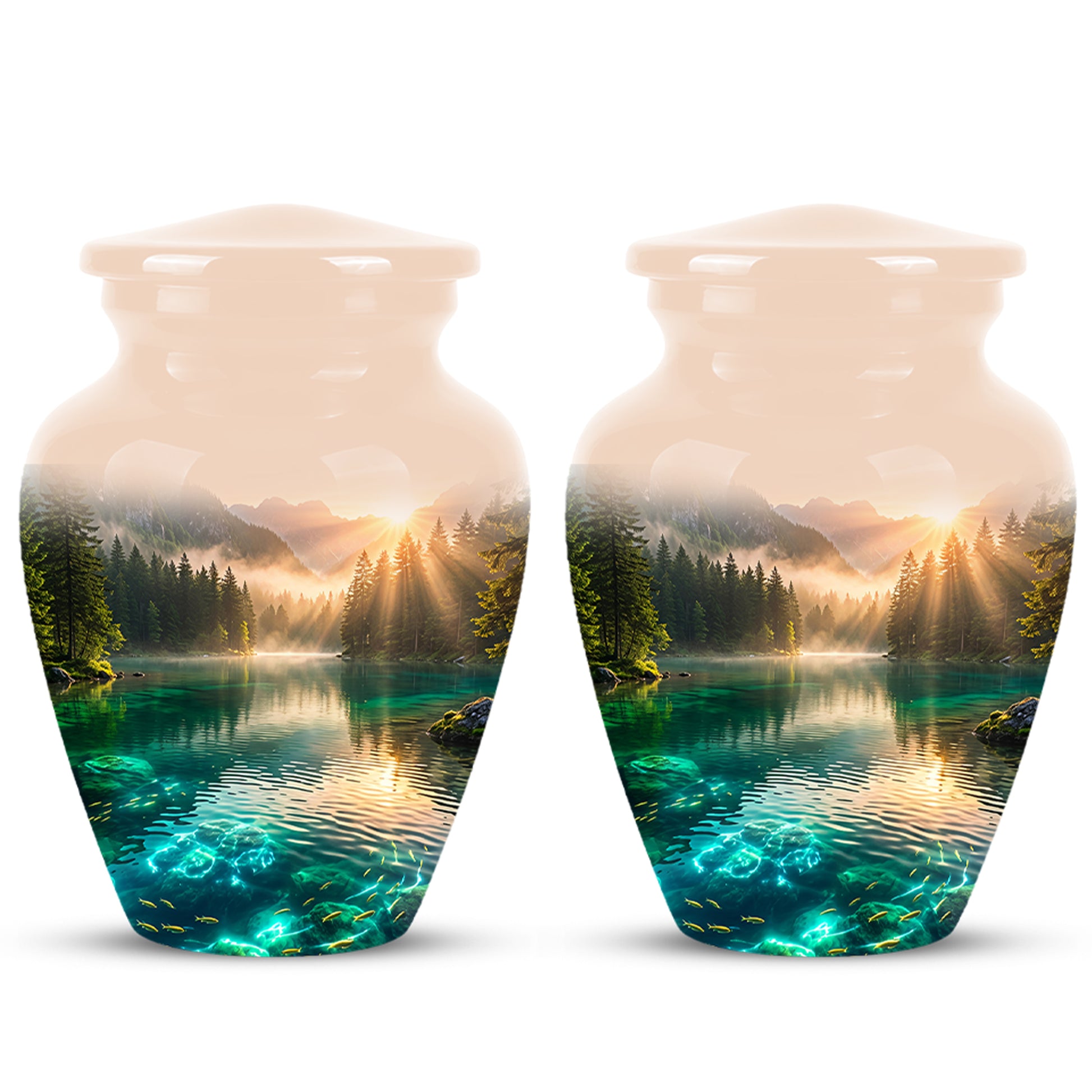 Serene Mountain Lake Cremation Urn- Custom Memorial Art Urns For Ashes