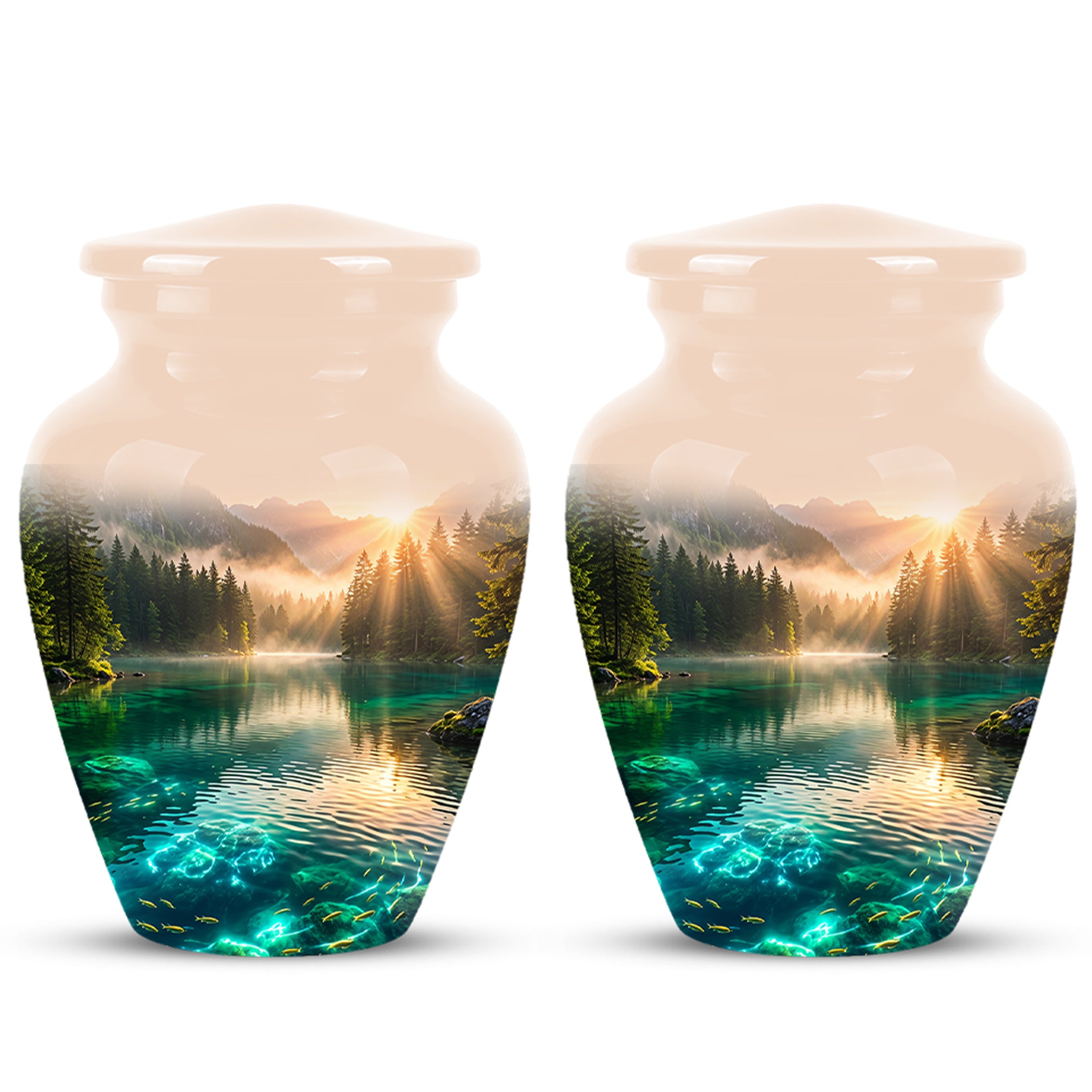 Serene Mountain Lake Cremation Urn- Custom Memorial Art Urns For Ashes
