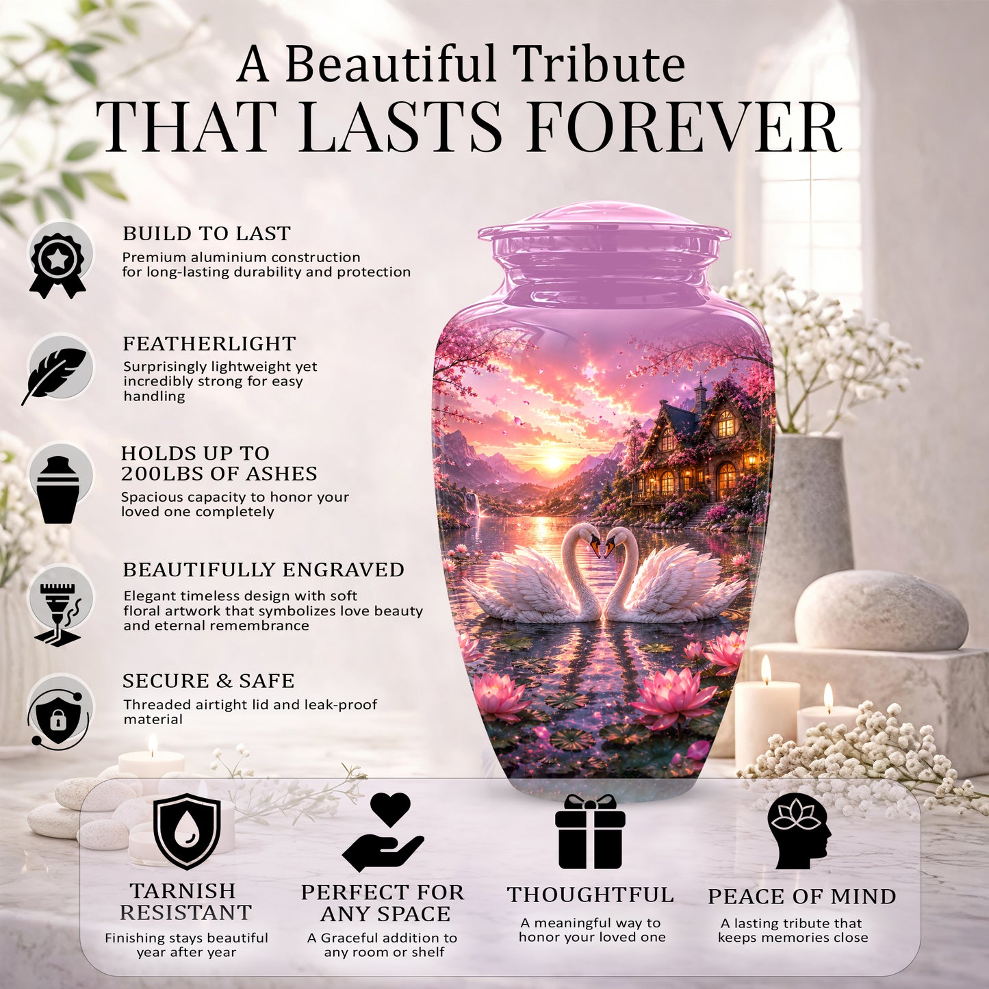 Couple Swan Memorial Urn - Peaceful Classic Urn For Lover's Ashes
