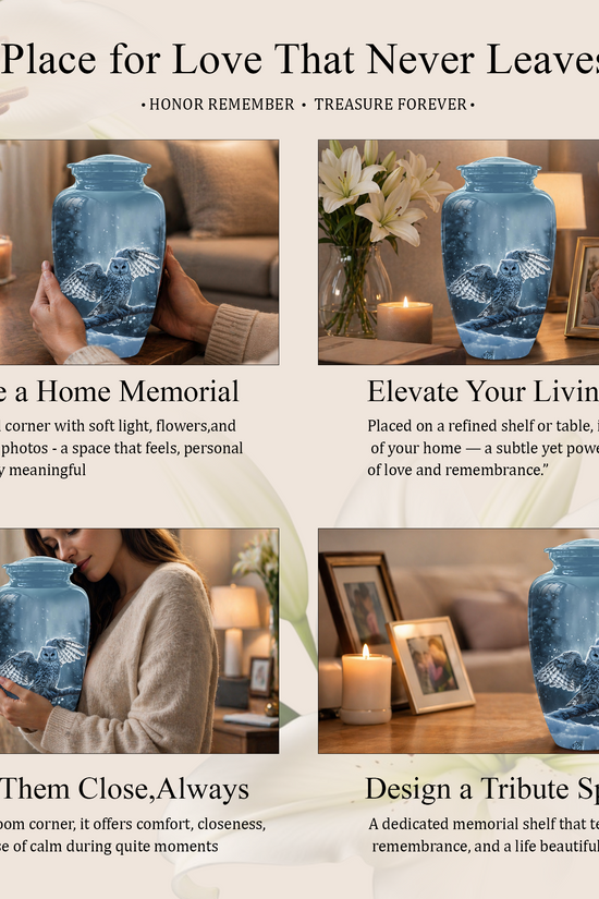 Snowy Owl Cremation Urn - Blue Funeral Urns For Human Ashes